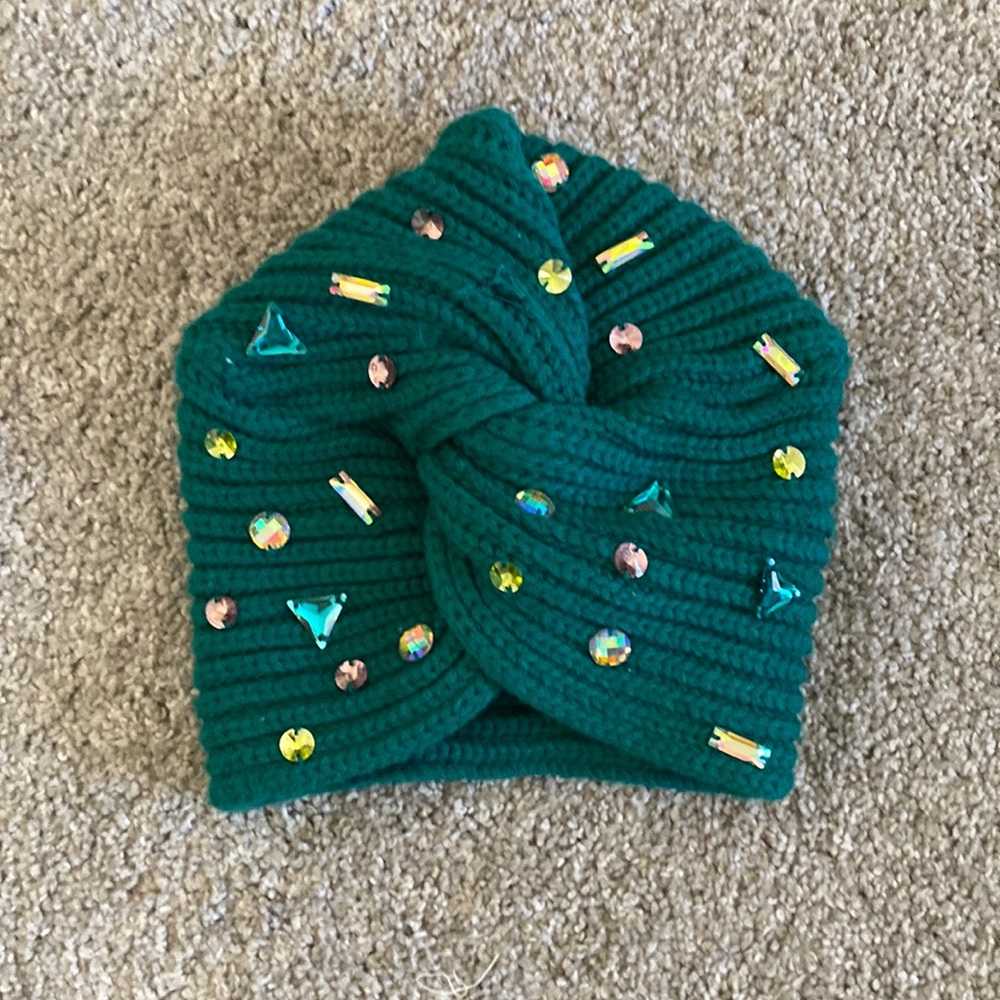 By Anthropologie teal bejeweled turban winter hat